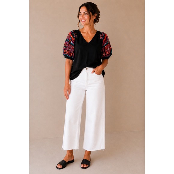 THML Tops - THML Embroidered Sleeve Top Medium Black Colorful Boho Puff Sleeve Cotton